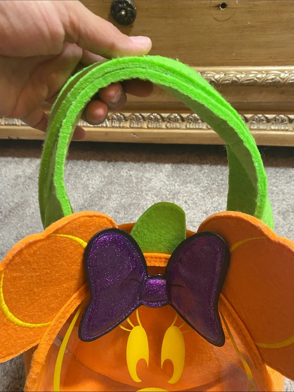 Disney Orange Pumpkin Minnie Trick-or-Treat Bag with Purple Bow and Green Handle
